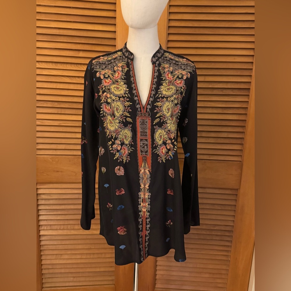 Johnny Was Biya Black Embroidered Bania Cupra Tunic Size S